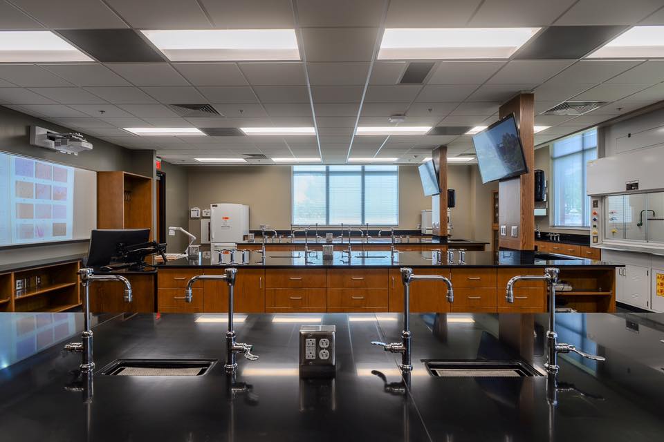 Modern science laboratory featuring black countertops, sinks, wooden cabinets, large windows, monitors, and various lab equipment such as a fume hood and safety features. Everything is arranged in a clean and organized space.