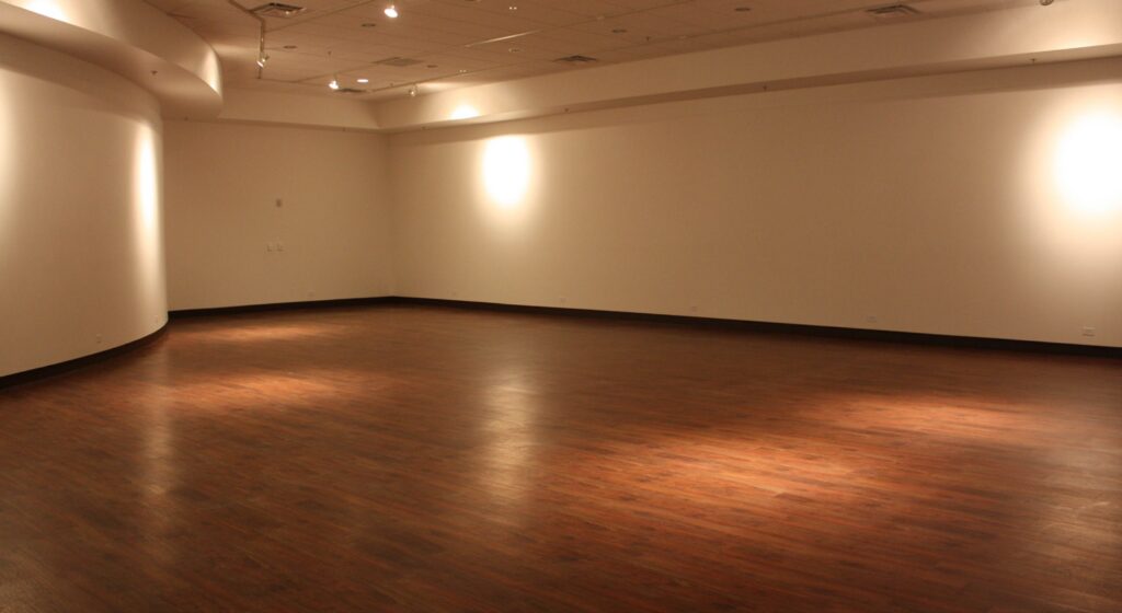 An empty art gallery room featuring wooden floors, white walls, and spotlights that highlight various sections of the space.