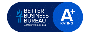 Better Business Bureau Accredited Business logo showing a large white A+ rating on a blue background.