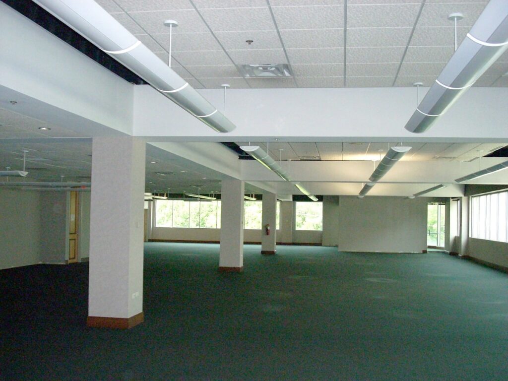 Large empty office space featuring green carpet, white walls, support columns, and overhead fluorescent lighting. Windows on the right side let in natural light. Visible ceiling panels and ductwork add to the open atmosphere.