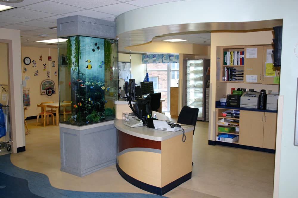 A hospital or clinic reception area features a curved desk with computers, an aquarium filled with fish, various office supplies, shelves, and a small children’s play area with a table and chairs in the background.