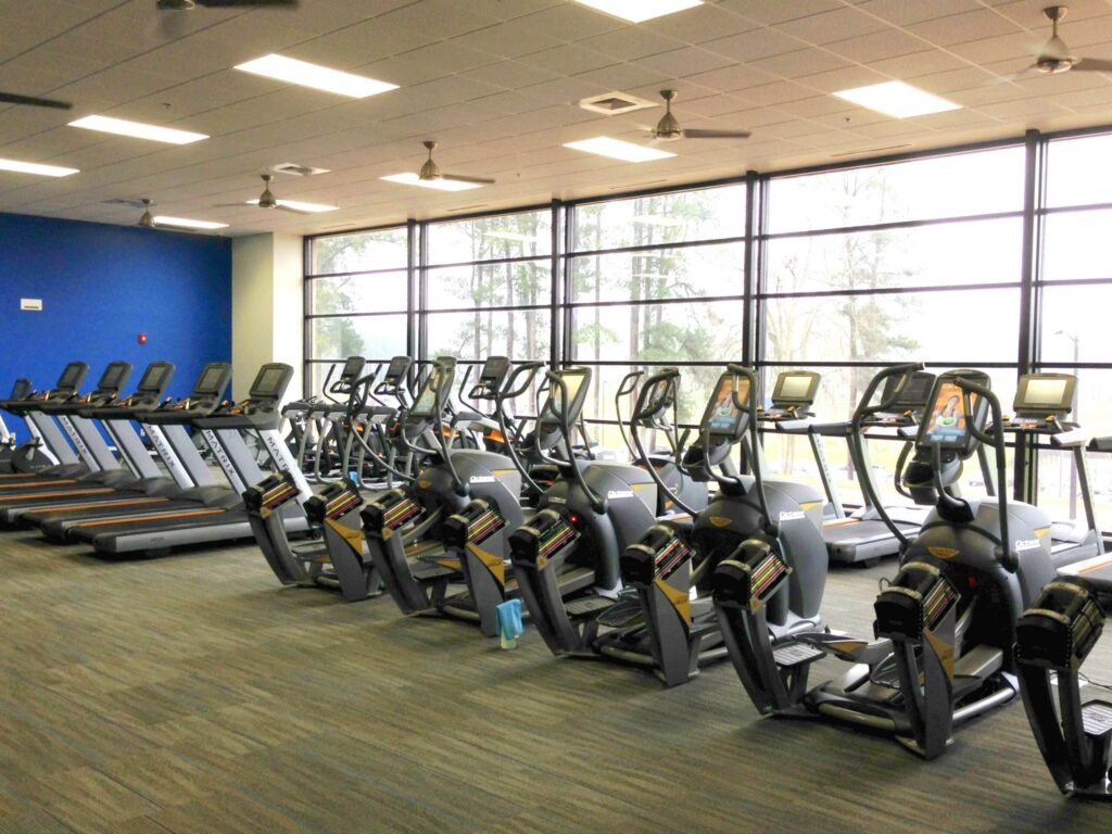 A row of treadmills and elliptical machines lines a gym with large windows that fill the space with natural light. The gym is unoccupied, featuring a blue accent wall to the left and gray carpet flooring.