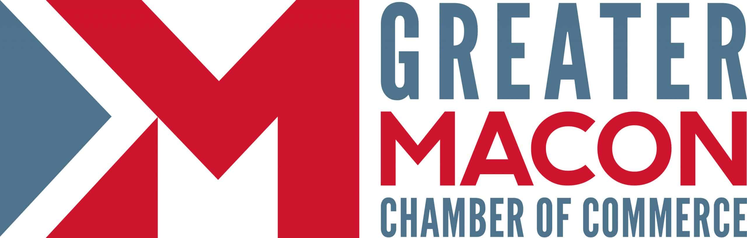 Logo for the Greater Macon Chamber of Commerce, with a large red M on the left and blue and red capital letters on the right.