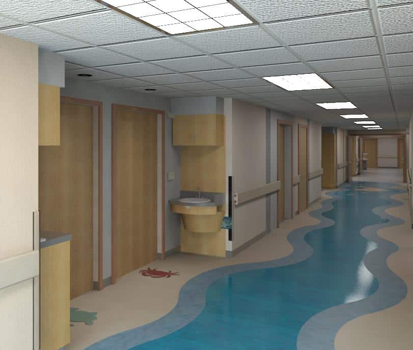 Hospital corridor featuring wooden doors, a wall-mounted sink, and a floor with a wavy blue pattern that mimics water. Bright fluorescent lights illuminate the space from above.