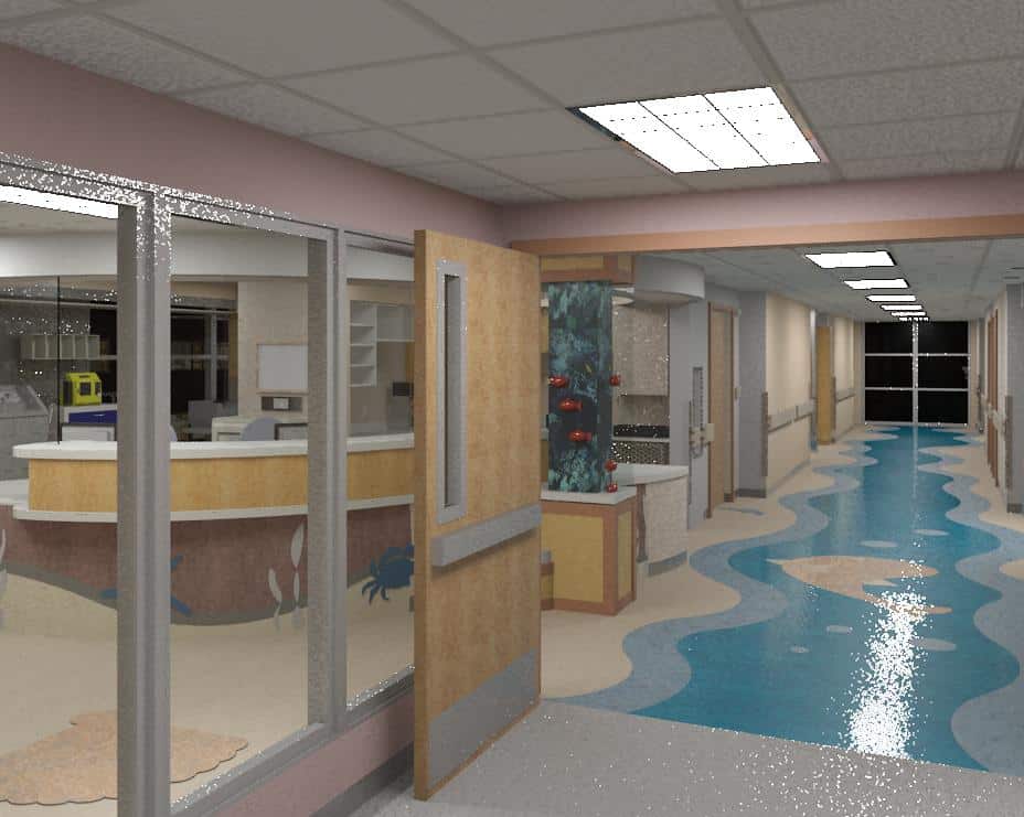 A brightly lit hospital hallway featuring a blue, wave-patterned floor, open wooden doors, an aquarium filled with fish, and a reception desk visible through large interior windows.